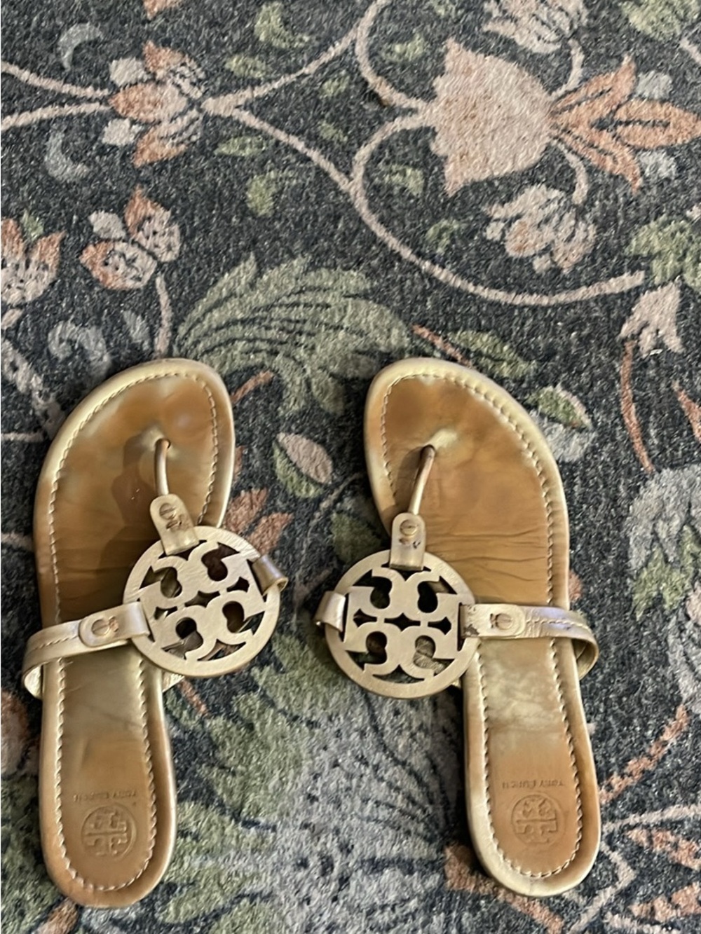 Tory Burch Metallic Tan Logo Thong Sandals